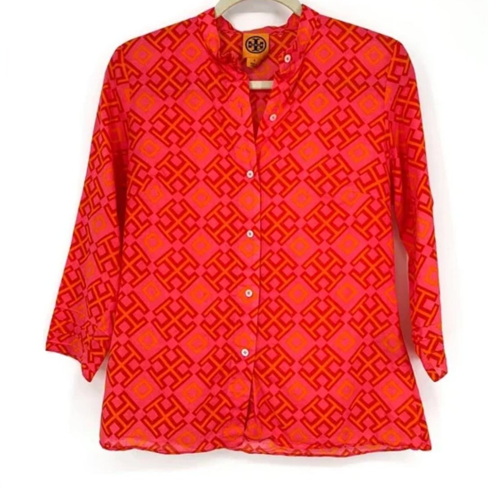 Tory Burch Geometric Print Cotton Button-Down Blouse